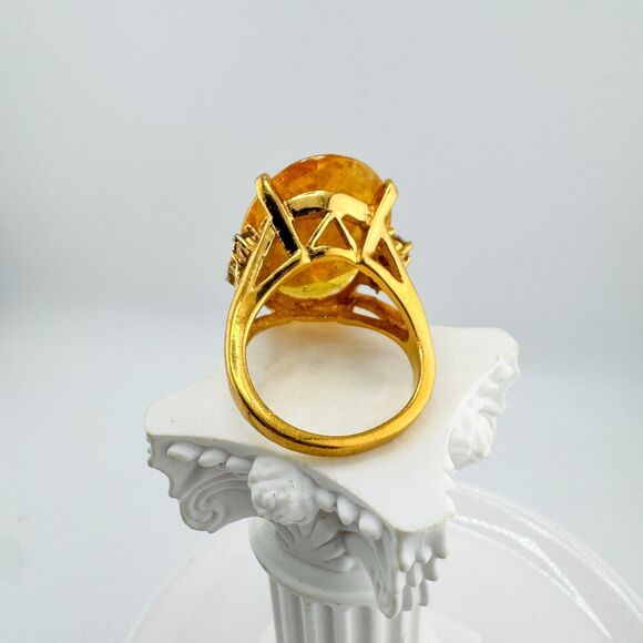 Oversized Citrine Tone Oval Statement Cocktail Ring Vintage Gold Tone Glamour - Picture 10 of 11